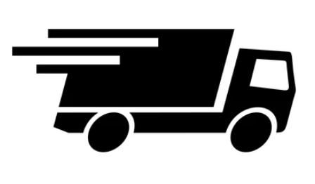 A black-and-white icon depicting a moving delivery truck, characterized by motion lines trailing behind the vehicle.