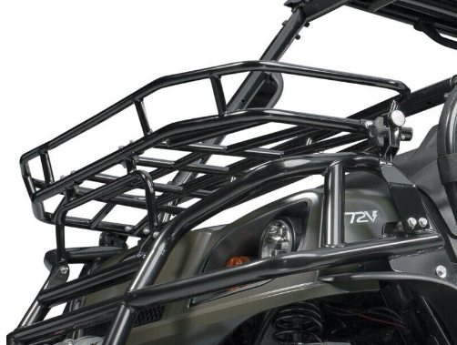 displays a black metal cargo rack mounted to the front section of an off-road utility vehicle, which features a "72V" emblem.