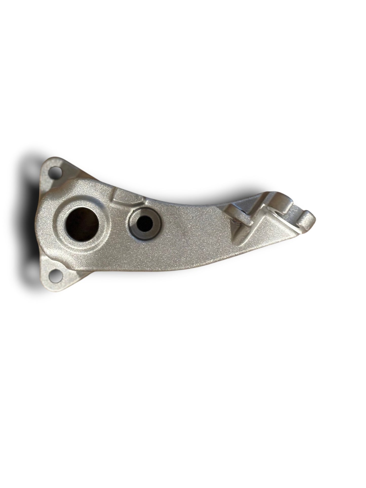 Structural bracket that includes mounting holes and a hook-shaped feature at one end.