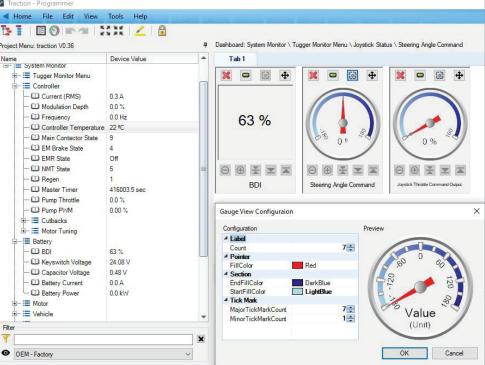 A software interface dashboard showing a system monitor with dial gauges for Steering Angle Command and Joystick Throttle Command, alongside a Gauge View Configuration window.