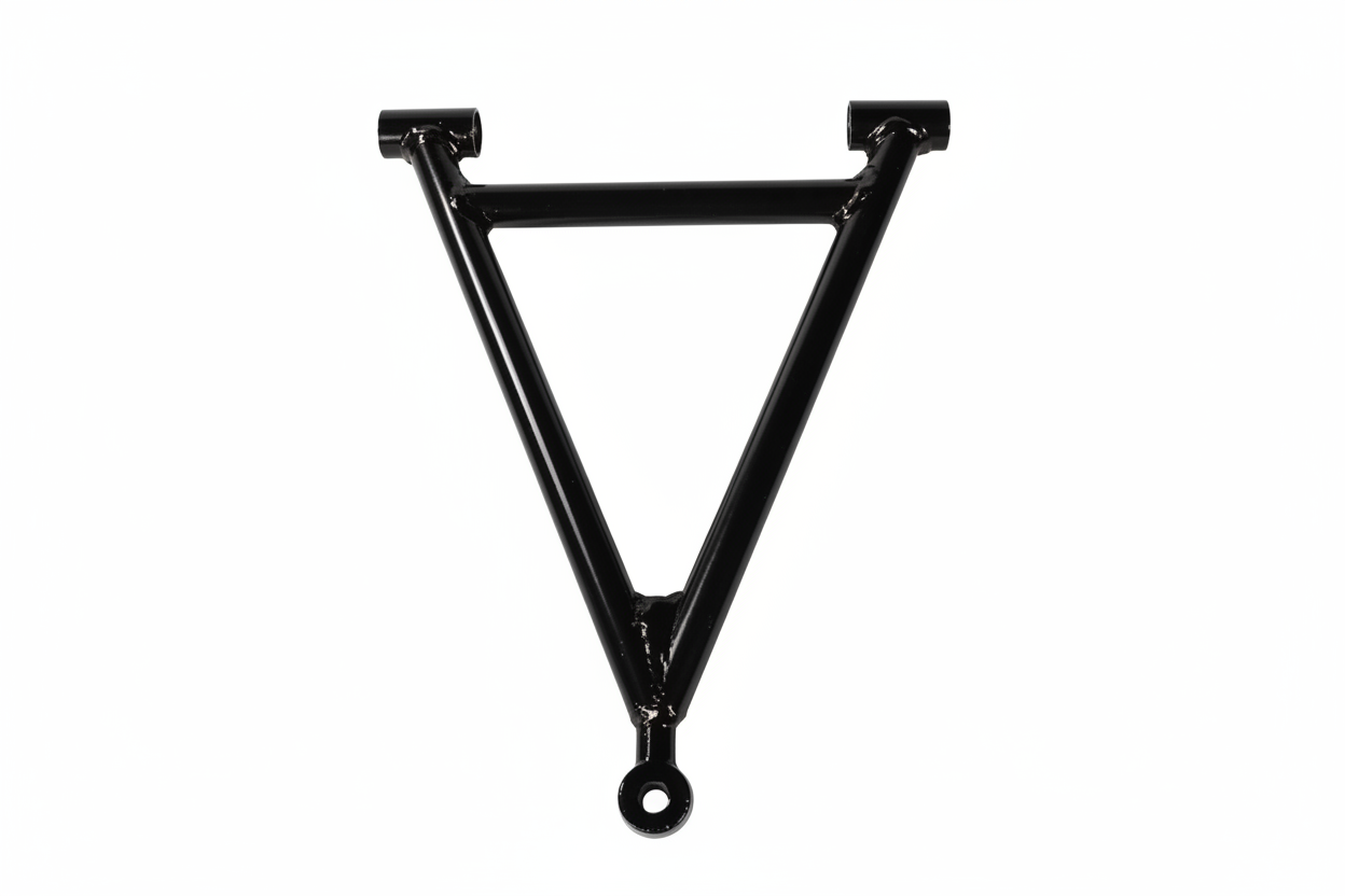 A black metal A-arm suspension component for an off-road vehicle isolated against a white background.