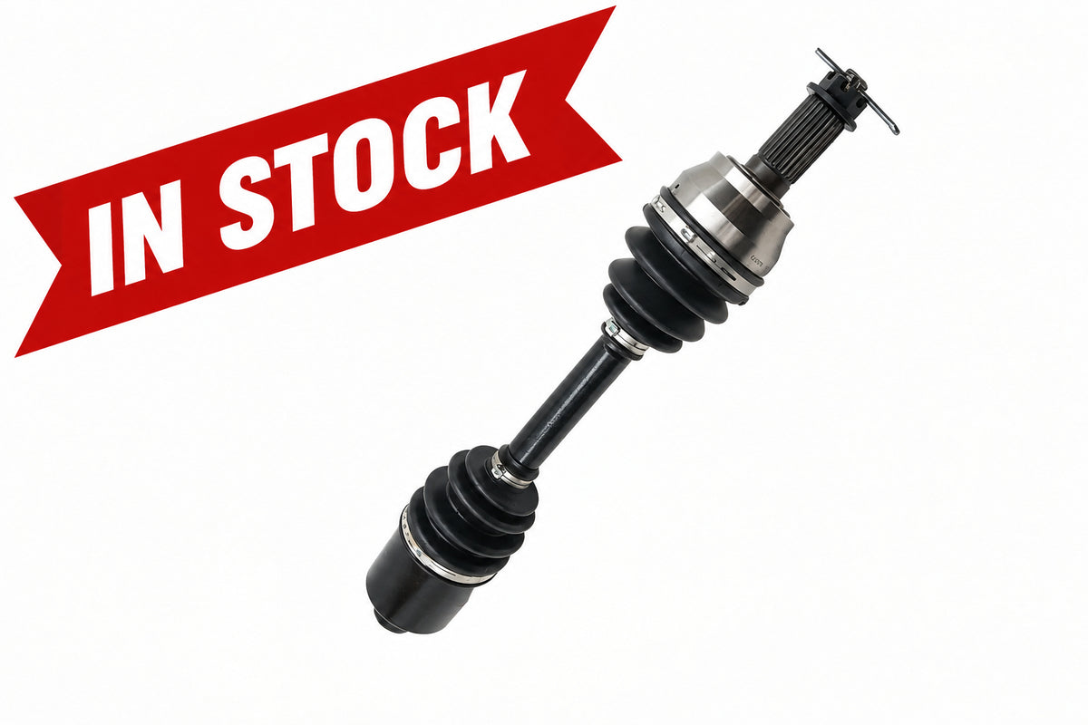A drivetrain component that transmits power from the transmission to the wheels while allowing for suspension travel and steering. The boots protect the internal joints from debris.