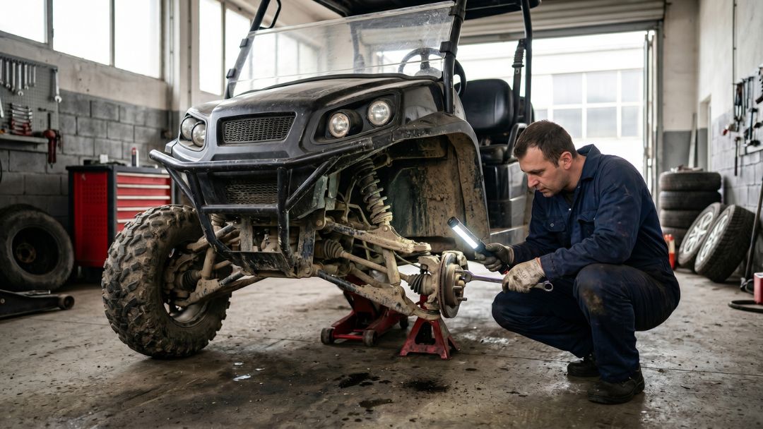 Mechanic inspecting squeaking front suspension on a lifted Bad Boy buggy in garage workshop. Causes, checks, and fixes for off-road utility vehicle suspension issues.