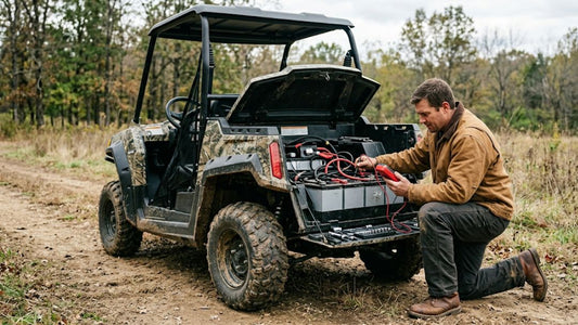 Man kneeling beside utility vehicle checking battery with jumper cables on dirt trail, with headline "Express 4x4 Loss of Power While Driving: Common Causes and How to Troubleshoot Them".