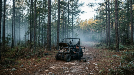 Man troubleshooting a Bad Boy utility vehicle with open hood on a misty forest trail. Guide to diagnosing why a Bad Boy buggy won't turn on and the most likely causes fast.