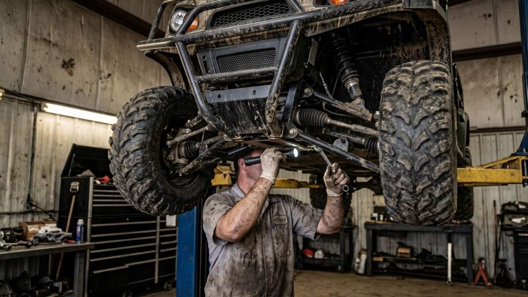 Mechanic inspecting the undercarriage and steering of a muddy lifted off-road vehicle on a hoist in a garage using a flashlight.