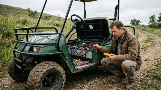 Man kneeling beside green utility vehicle checking batteries with multimeter on dirt trail, with headline "Bad Boy Recoil Jerking When Accelerating: Complete Diagnostic Guide (Causes, Fixes & Tests)".