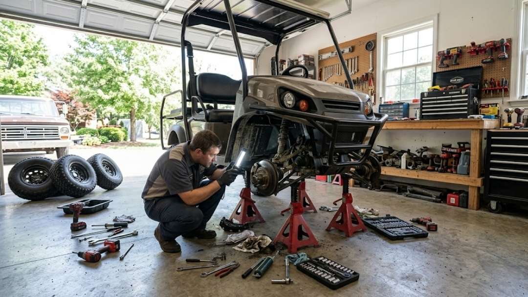 Mechanic inspecting Express 4x4 front axle with work light in home garage — knocking sound axle diagnosis and fix guide for UTV owners.