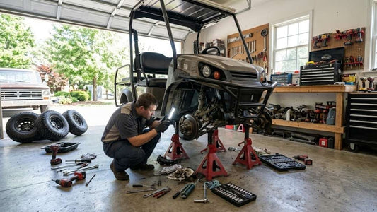 Mechanic inspecting Express 4x4 front axle with work light in home garage — knocking sound axle diagnosis and fix guide for UTV owners.