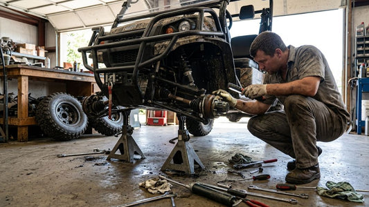Mechanic diagnosing clicking CV joint on lifted Bad Boy Ambush UTV in garage — how to diagnose and fix a clicking CV joint step by step