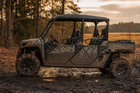 Bad Boy Recoil 4x4 electric buggy parked on a muddy hunting trail at golden hour