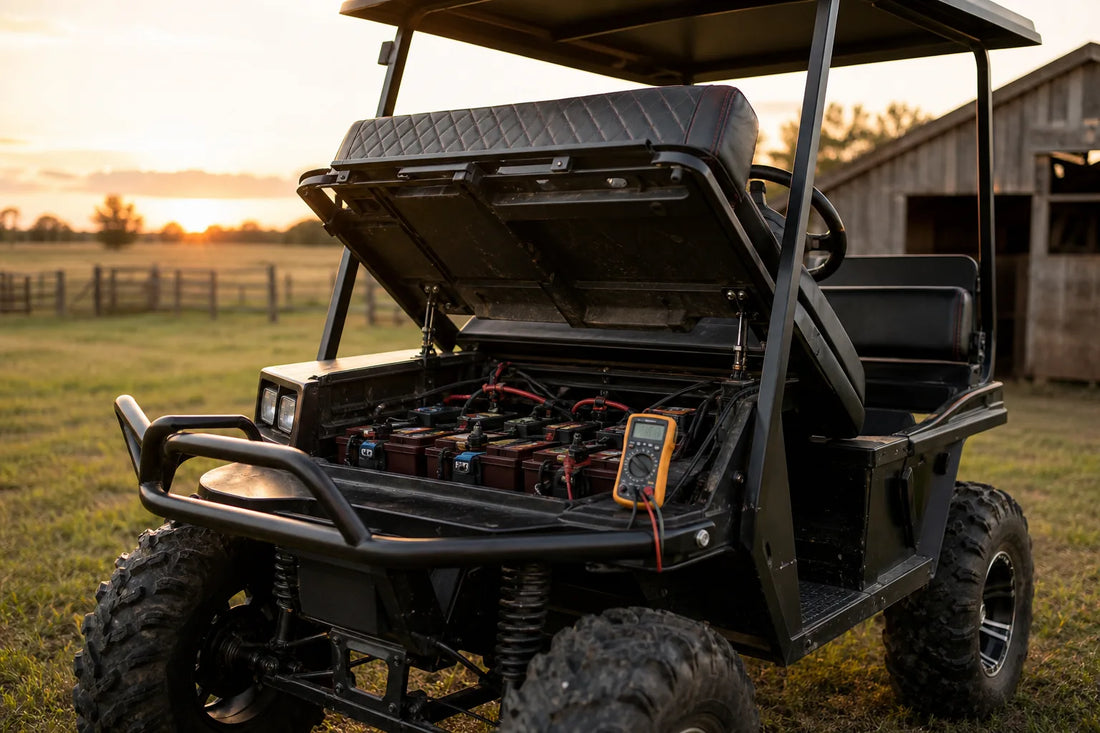 Electric off-road utility buggy on a rural property with its battery bank exposed and a multimeter nearby