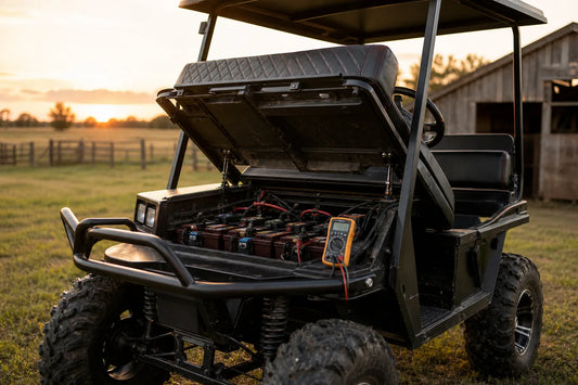 Electric off-road utility buggy on a rural property with its battery bank exposed and a multimeter nearby