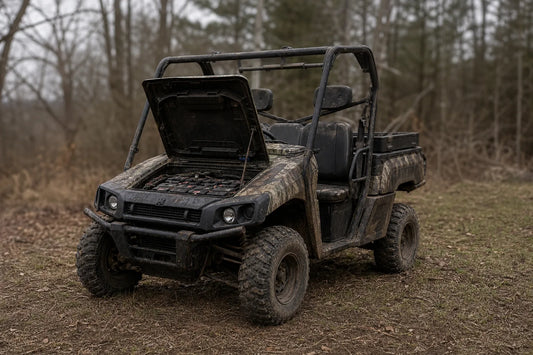 Off-road hunting utility buggy parked and sitting unused at the edge of a forest with its battery compartment exposed