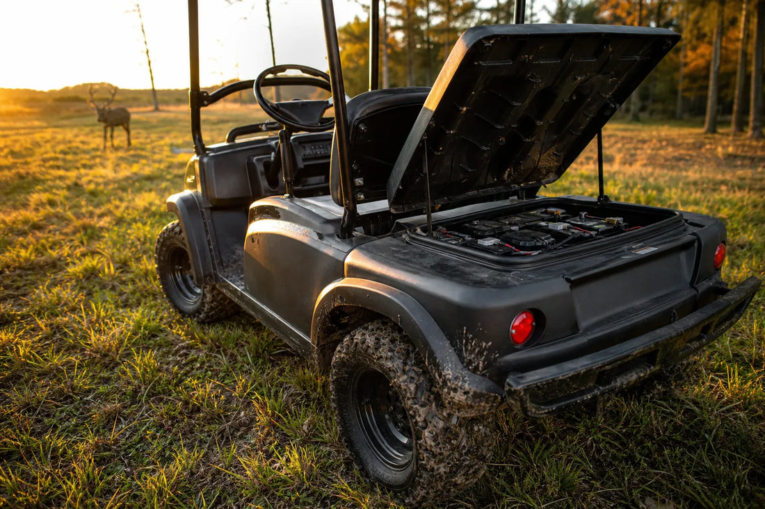 Tracker EV utility cart on a field with its battery compartment visible under the lifted seat