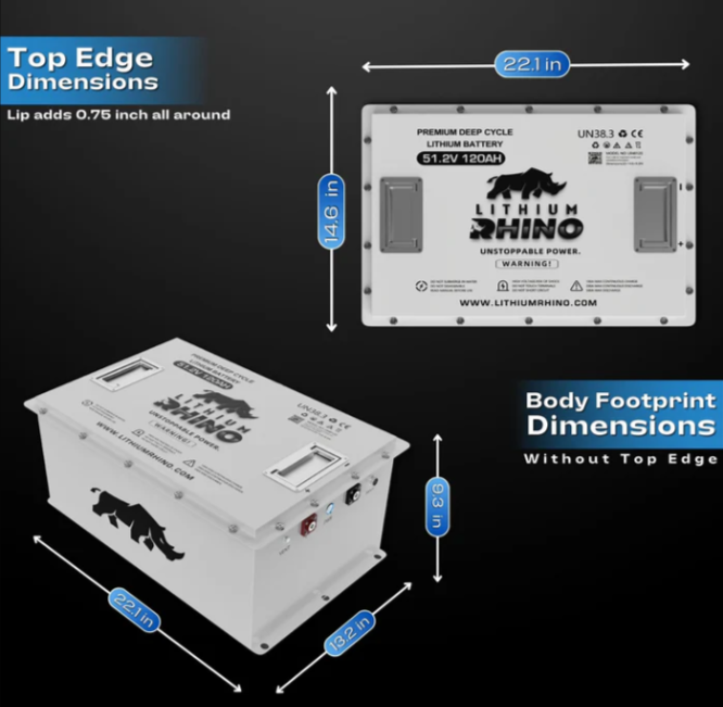 Dimensional diagram for a Lithium Rhino 51.2V 120Ah deep cycle lithium battery, showing top edge and body footprint measurements.