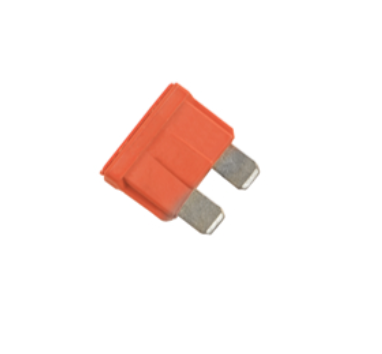 An orange automotive blade fuse used for electrical circuit protection. Color coding helps identify the fuse's amperage rating to ensure safe circuit operation.