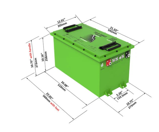 A dimensioned diagram of a 73.6V lithium battery, displaying its height, width, and depth in both inches and millimeters for installation planning.