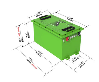A dimensioned diagram of a 73.6V lithium battery, displaying its height, width, and depth in both inches and millimeters for installation planning.