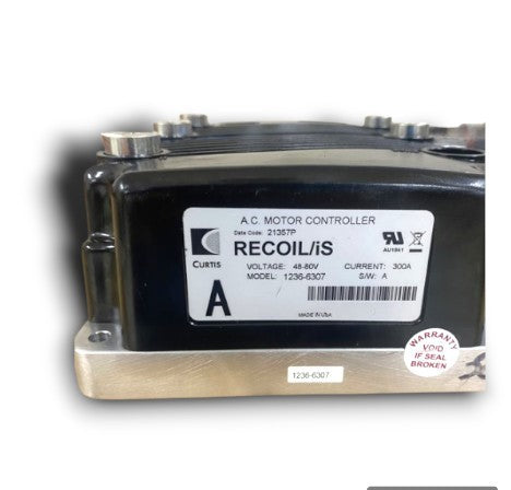 A Curtis A.C. Motor Controller, model 1236-6307, rated for 48-80V and 300A, featuring a black housing, a metal mounting base, and a warranty seal.