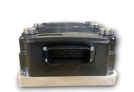 A black electrical motor controller mounted on a metal base, featuring a prominent, multi-pin rectangular connector port on the front face.