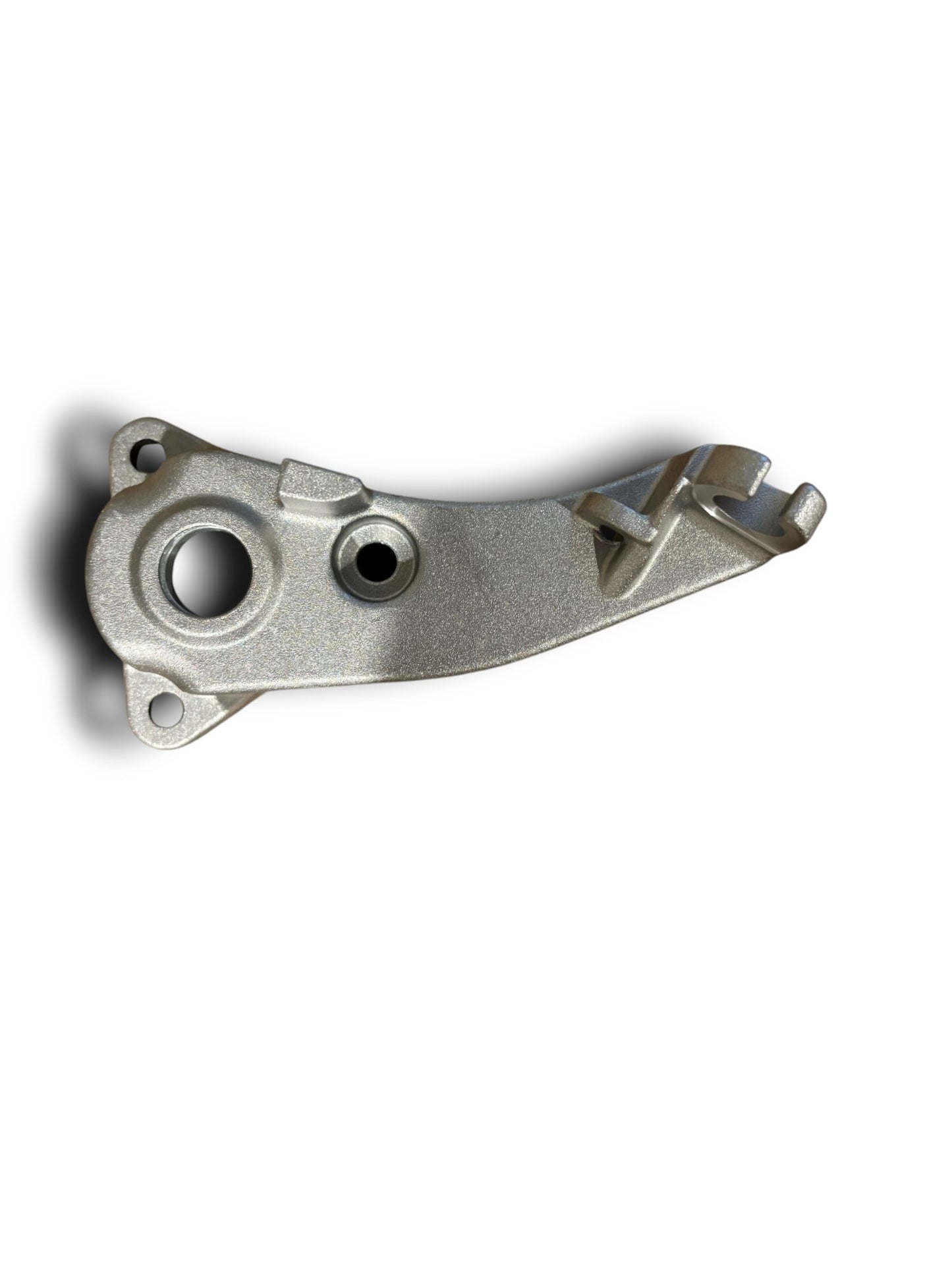 A metallic, cast structural bracket featuring mounting holes and a distinct curved shape.