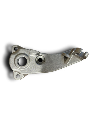 A metallic, cast structural bracket featuring mounting holes and a distinct curved shape.