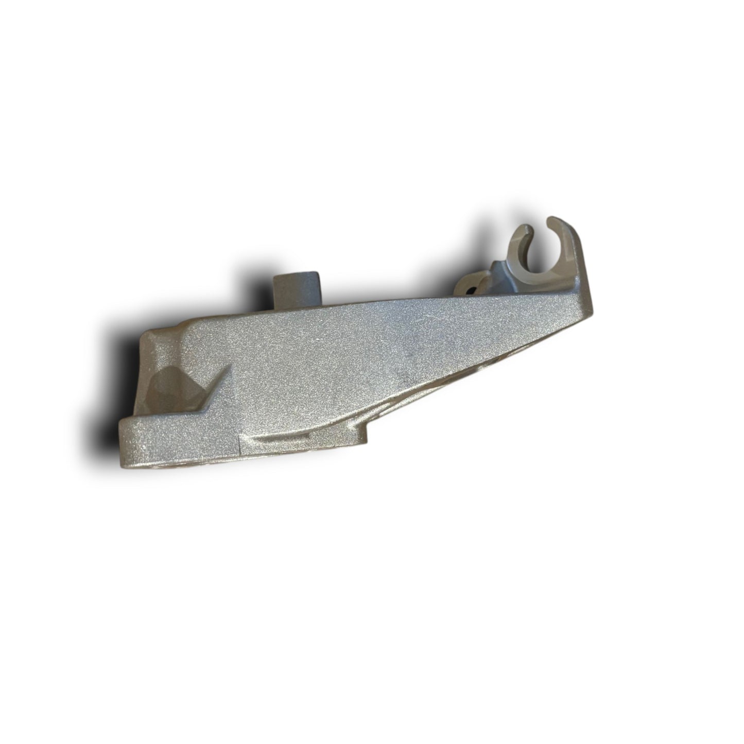 Cast metallic bracket, featuring a hook-like attachment point and a generally elongated, structural design.