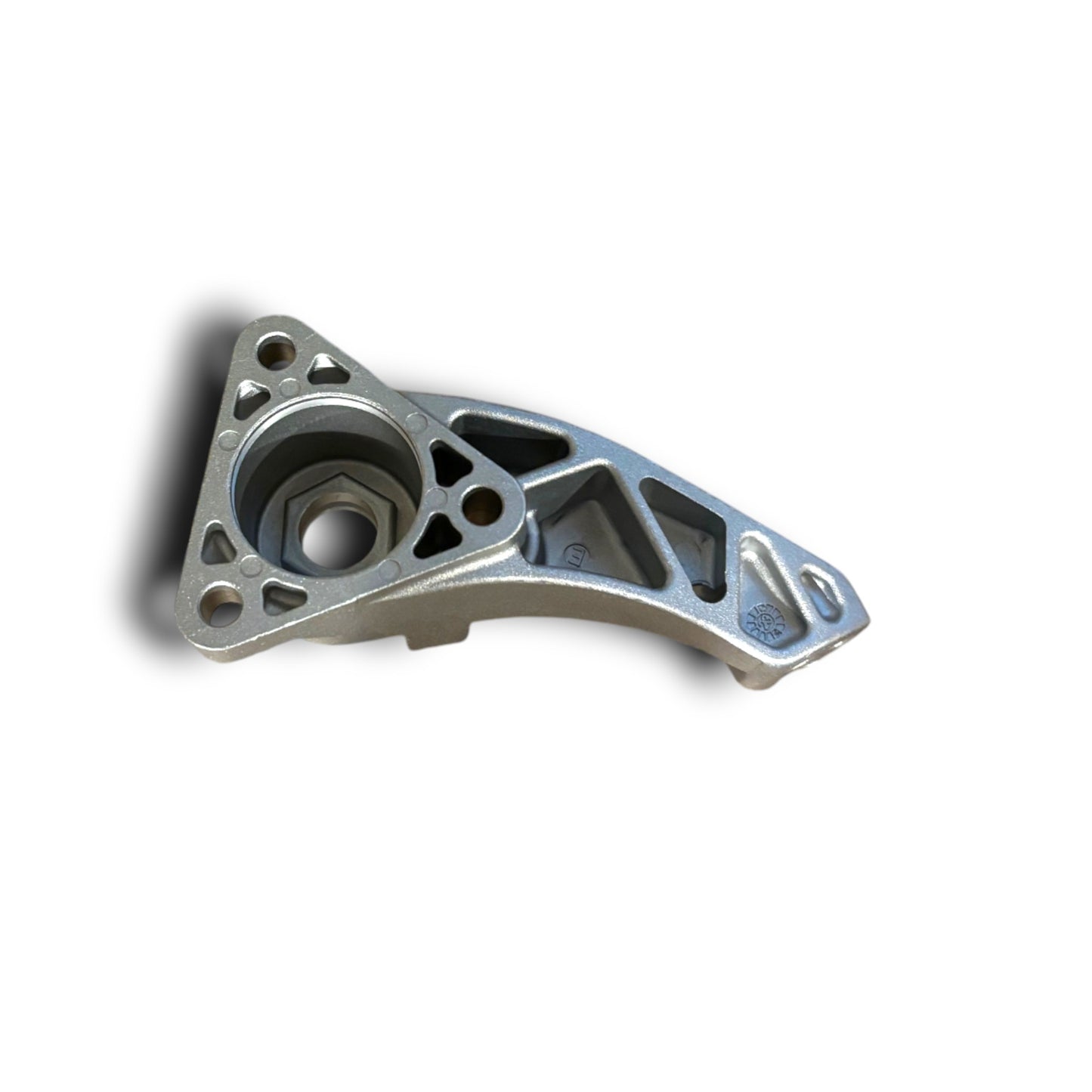 Features a reinforced, cast metallic bracket designed with a triangular base, hollowed-out structural sections, and several mounting points.