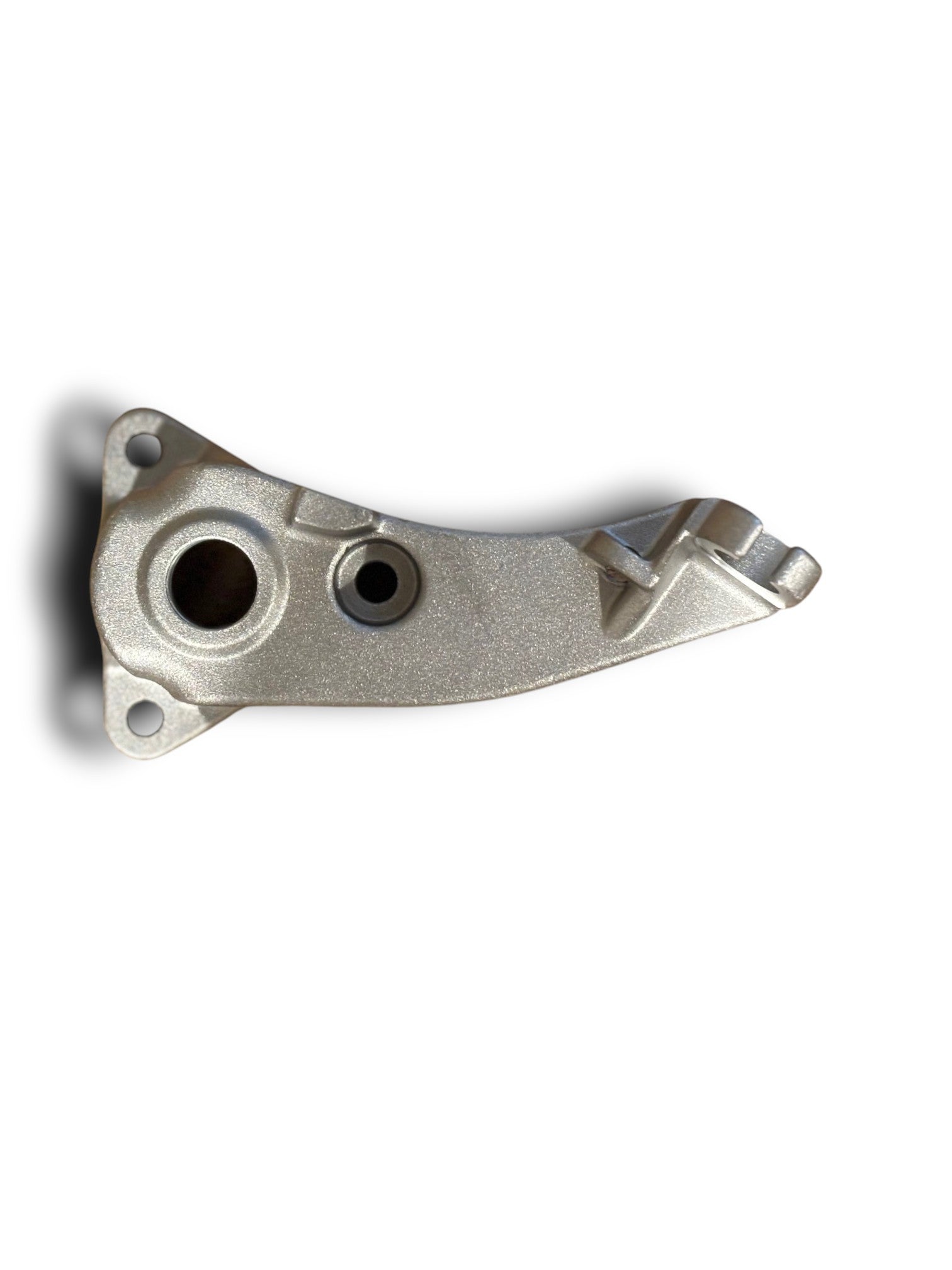 Structural bracket that includes mounting holes and a hook-shaped feature at one end.