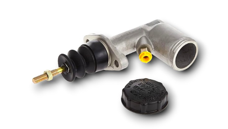 A clutch master cylinder and its cap. It converts pedal pressure into hydraulic force to disengage the clutch.