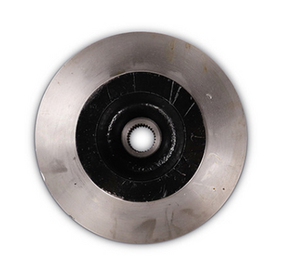 A top-down view of a circular automotive brake disc or rotor with a splined center hole, isolated on a white background.