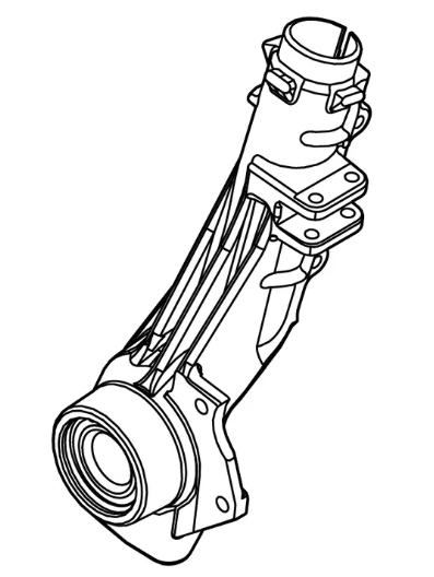 Line drawing of an automotive steering knuckle assembly featuring a cylindrical upper mount, integrated brackets, and a large circular wheel hub housing.