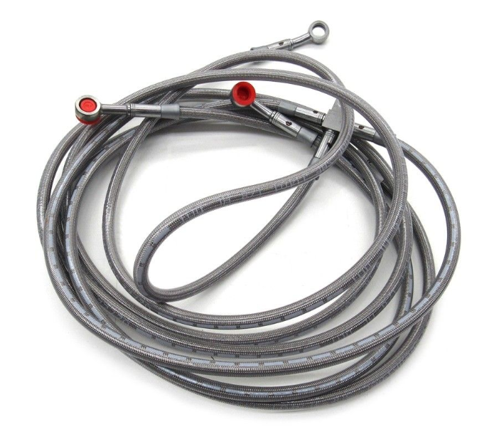 A stainless steel braided motorcycle brake line hose coiled against a white background.