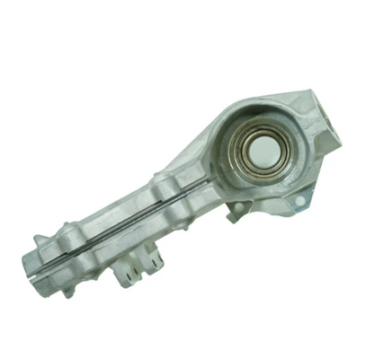 A metallic mechanical control arm component featuring a central circular bearing housing, shown against a plain white background.