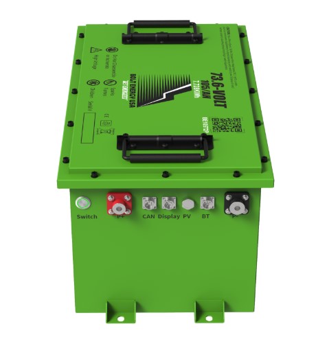 A green Bolt Energy USA lithium battery pack, featuring a 73.6-volt, 105Ah capacity with various connection ports including CAN, display, and switch controls.