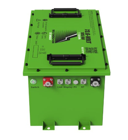 A green Bolt Energy USA lithium battery pack, featuring a 73.6-volt, 105Ah capacity with various connection ports including CAN, display, and switch controls.