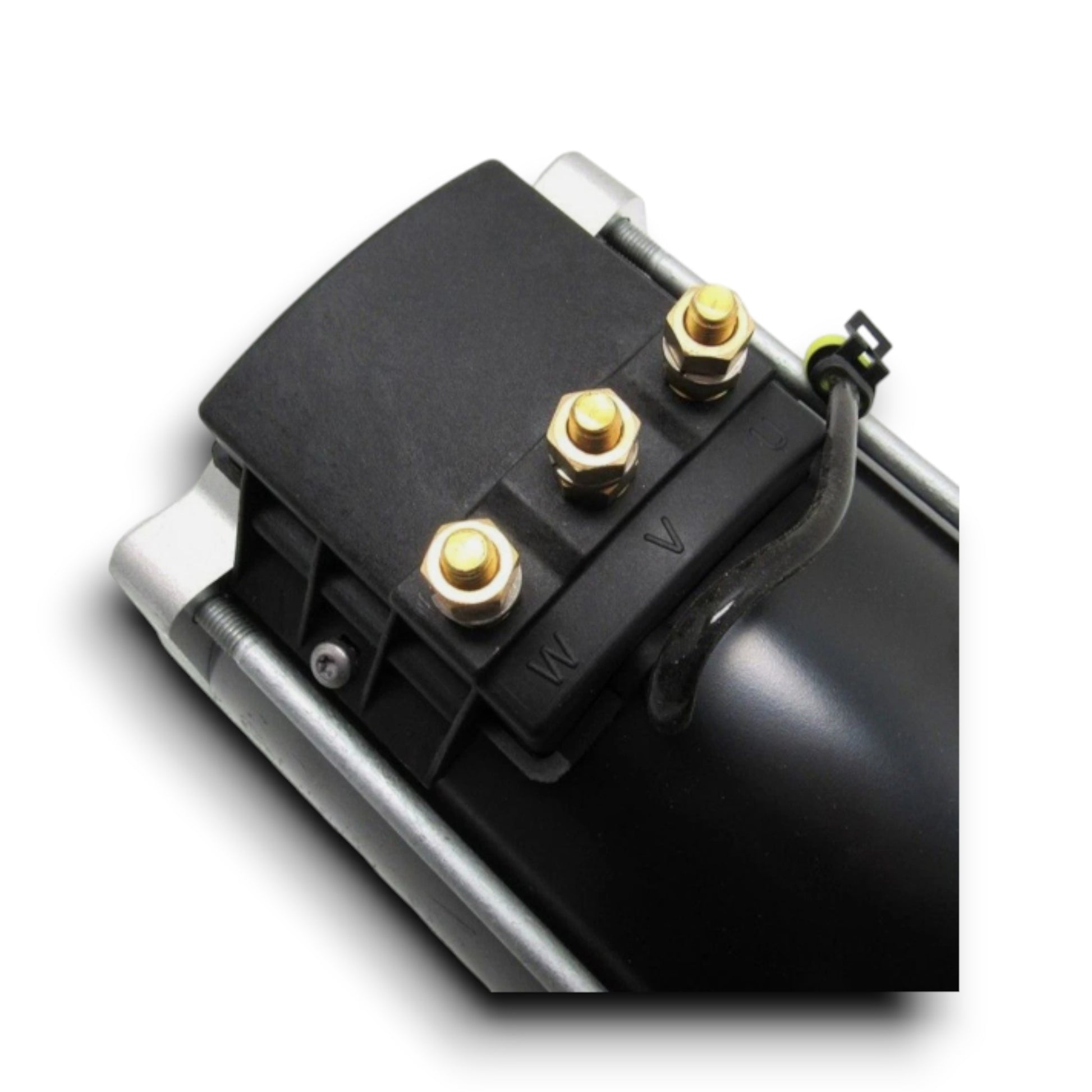 A close-up view of a heavy-duty electric motor terminal block, featuring three brass-nutted electrical posts labeled W, V, and U, designed for secure power cable connections.