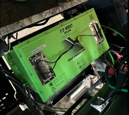 A green Bolt Energy USA 72-volt lithium battery pack installed in a vehicle