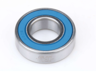 A deep groove ball bearing with a bright blue rubber seal on a white background