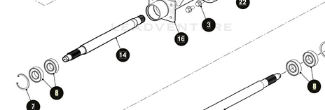 An exploded diagram showing a mechanical assembly shaft line with components labeled 7, 8, 14, 16, 3, and 22.