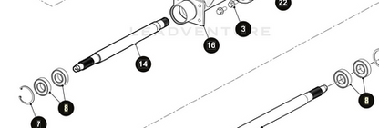 An exploded diagram showing a mechanical assembly shaft line with components labeled 7, 8, 14, 16, 3, and 22.