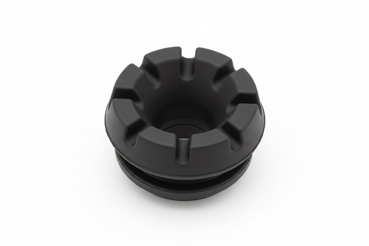 A black rubber cup holder insert featuring a durable, notched design that provides a secure and stable fit for beverages in various console applications.