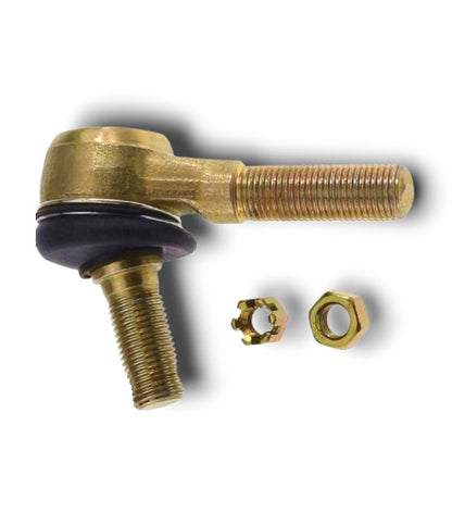 An automotive tie rod end, accompanied by a castle nut and a standard nut for installation.