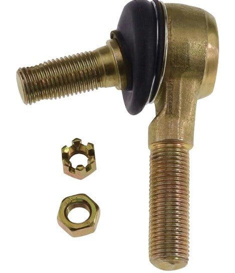 An automotive tie rod end, which includes a castle nut and a standard nut for installation.