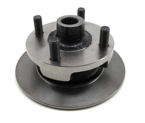 A vehicle wheel hub and brake rotor assembly with four wheel studs, isolated on a white background.