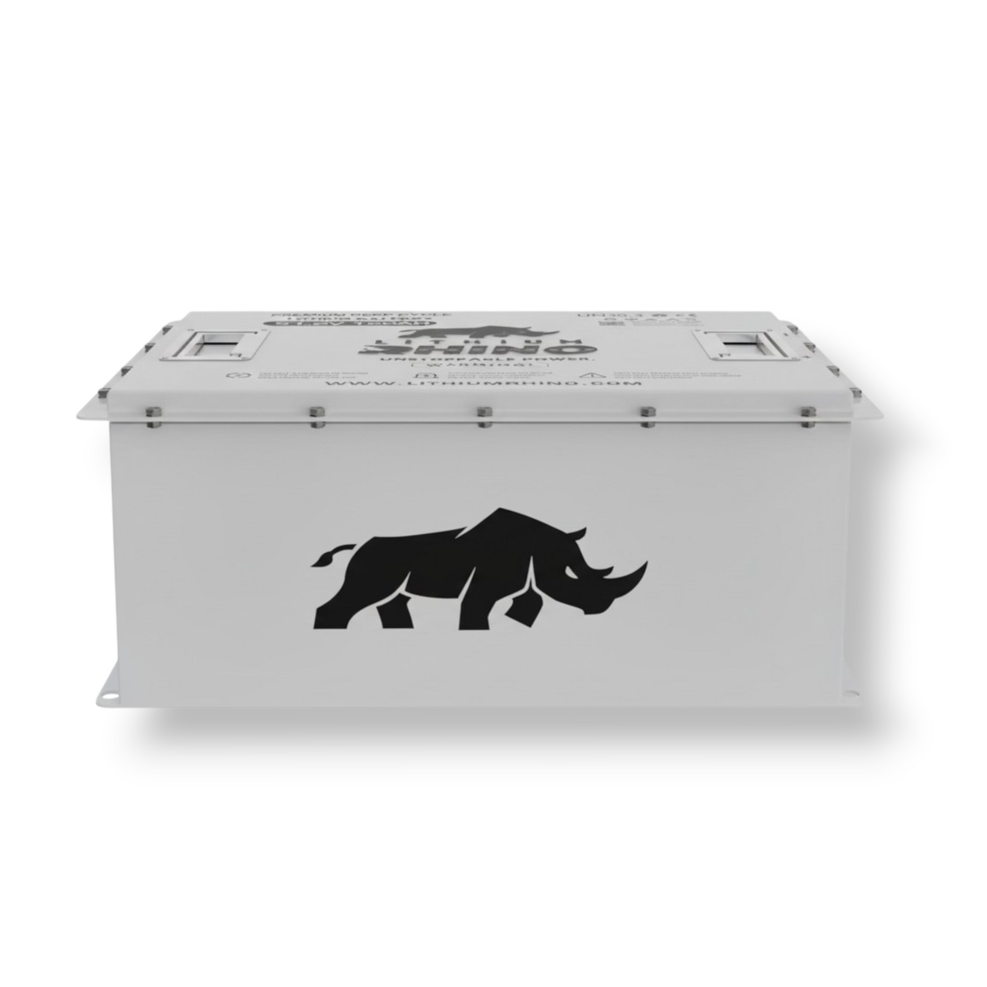 A white Lithium Rhino 51.2V 105Ah premium deep cycle lithium battery with a black rhino logo on the side, isolated on a white background.