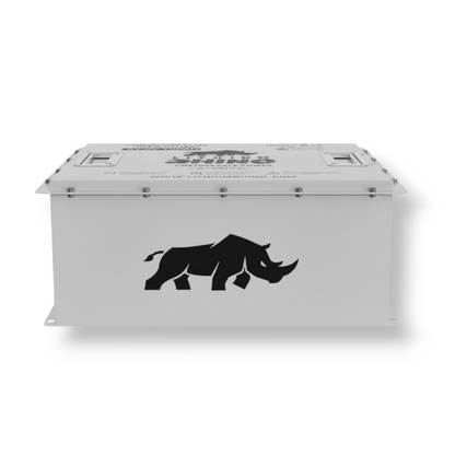 A white Lithium Rhino 51.2V 105Ah premium deep cycle lithium battery with a black rhino logo on the side, isolated on a white background.