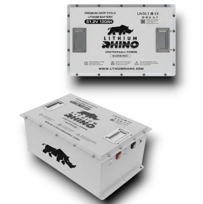 A white Lithium Rhino 51.2V 120Ah premium deep cycle lithium battery shown from top and isometric perspectives, featuring a black rhino logo on the side.