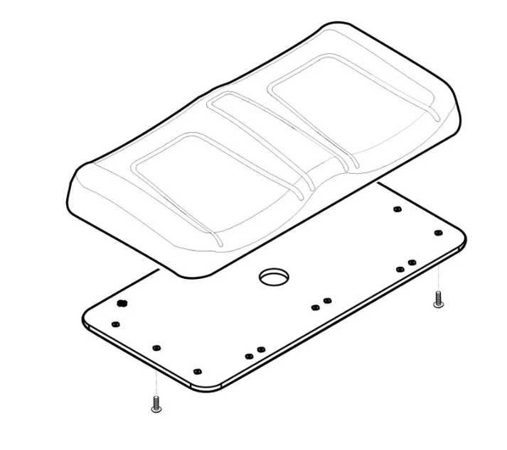 An exploded view diagram showing a replacement golf cart seat cushion and its corresponding mounting base plate with hardware, designed for easy assembly and installation.